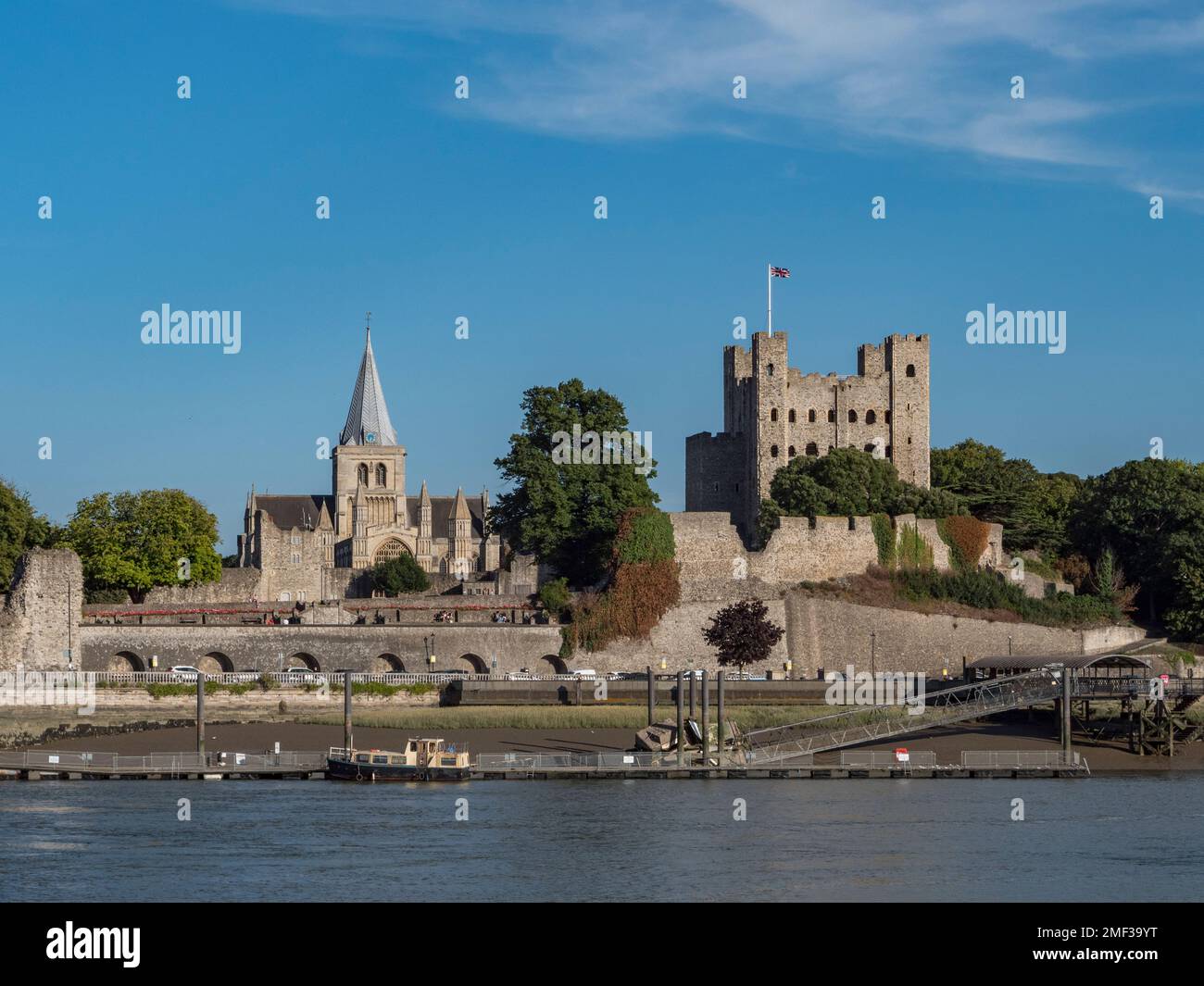Rochester Cathedral and Rochester Castle keep viewed over the River Medway, Rochester, Kent, UK. Stock Photo