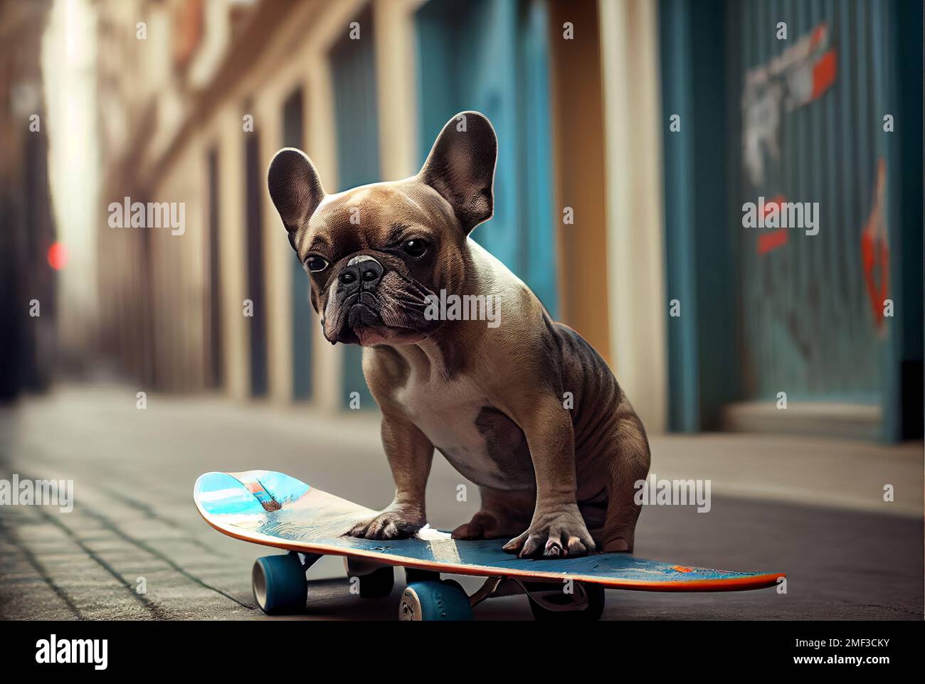 Cute brown spotted French bulldog rides a skateboard on the street Stock  Photo - Alamy