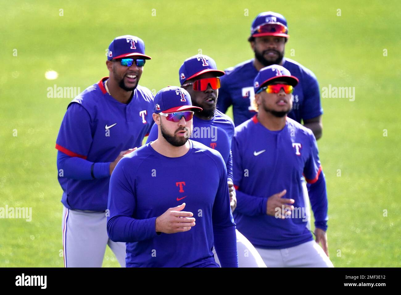 Texas Rangers outfielders from left, Leody Taveras, Joey Gallo, Adolis Garcia, Willie Calhoun