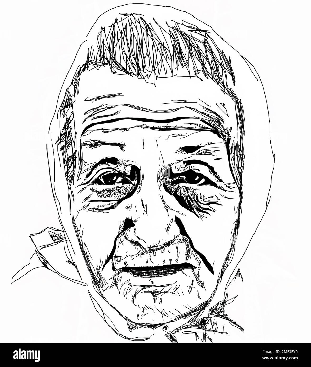 An elderly old woman in a head scarf was drawn in an informal portrait sketch made digitally. Stock Photo
