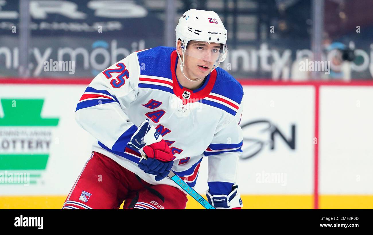 New York Rangers defenseman Libor Hajek checks New Jersey Devils left wing  Miles Wood (44) during the third period of an NHL hockey game, Thursday,  March 4, 2021, in Newark, N.J. (AP