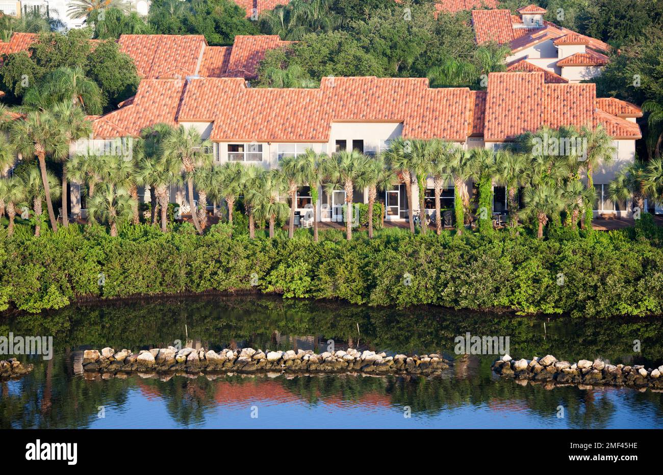 The morning view of red rooftop houses on residential Harbour Island in Tampa city (Florida