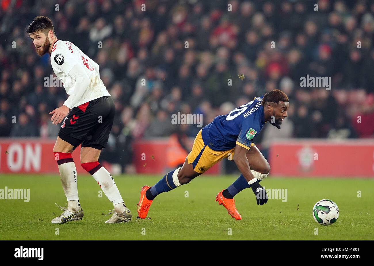 Southampton's Duje Caleta-Car fouls Newcastle United's Allan Saint-Maximin during the Carabao Cup semi-final first leg match at St. Mary's Stadium, Southampton. Picture date: Tuesday January 24, 2023. Stock Photo