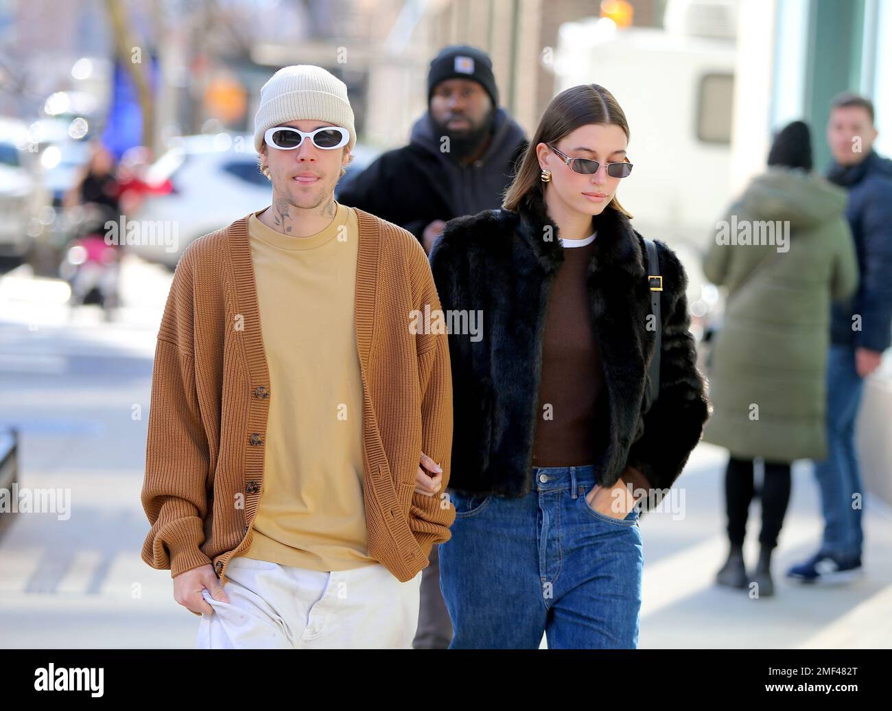 Singer Justin Bieber with his wife Hailey Bieber walking together to a
