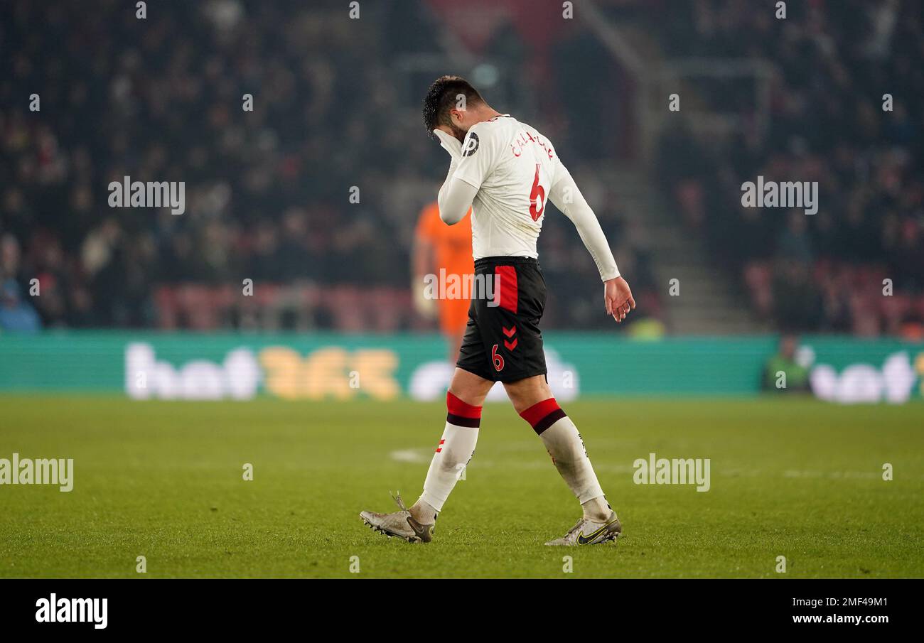 Southampton's Duje Caleta-Car leaves the pitch after being sent off during the Carabao Cup semi-final first leg match at St. Mary's Stadium, Southampton. Picture date: Tuesday January 24, 2023. Stock Photo