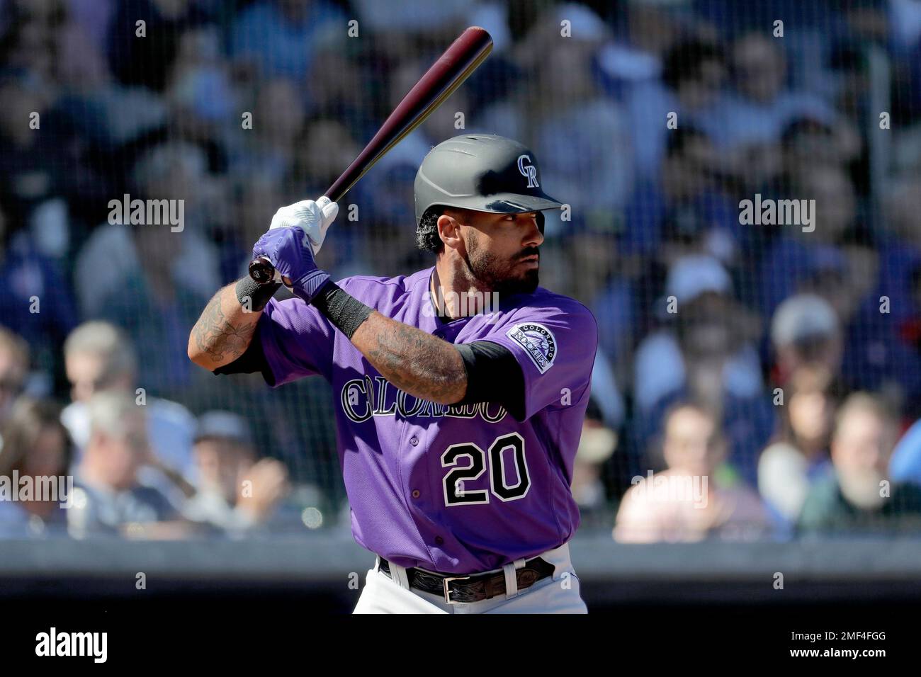 Colorado Rockies Ian Desmond during the first inning of a spring training baseball game against the Chicago Cubs, Tuesday, Feb. 25, 2020, in Mesa, Ariz