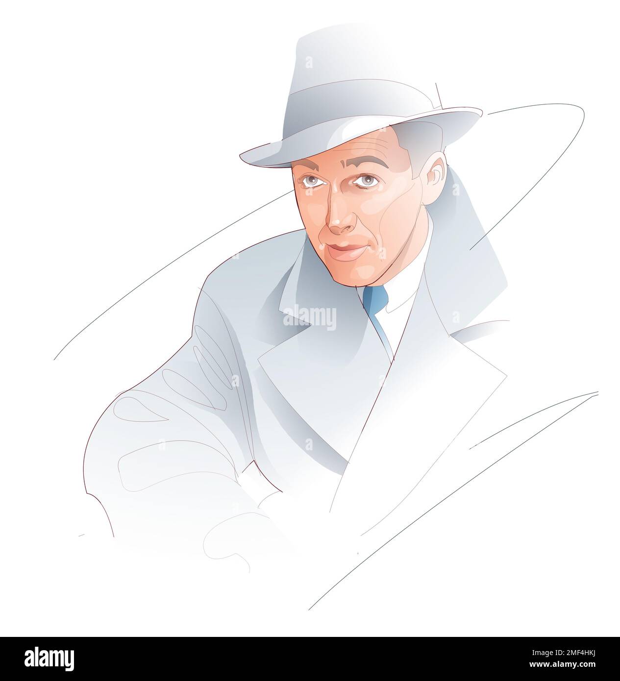 Digital illustration of actor James Steward. American classic cinema. Dressed in a raincoat and hat, on a white background. Stock Photo