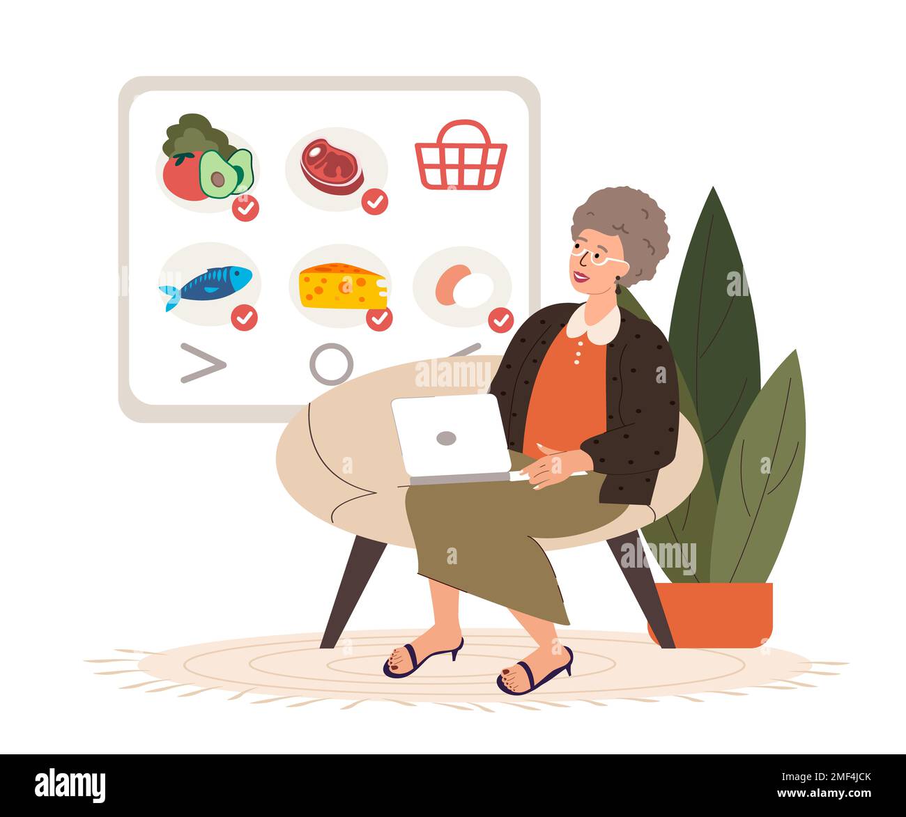 Old Aged Pensioner,Grandparent Lady Shopping Online.Consumer Retired woman buy Food,Meal products,choosing on the smartphone screen.Internet Market.Bu Stock Photo