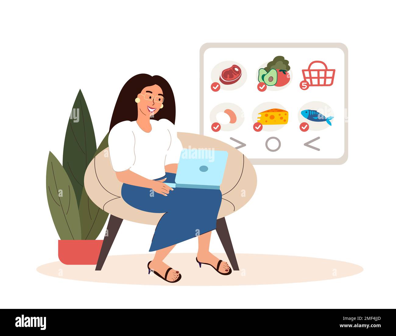 Adult Woman Shopping Online on Food market Site.Consumer woman buying Food,Meal products,choosing on the laptop in application.Internet Market.Buy at Stock Photo
