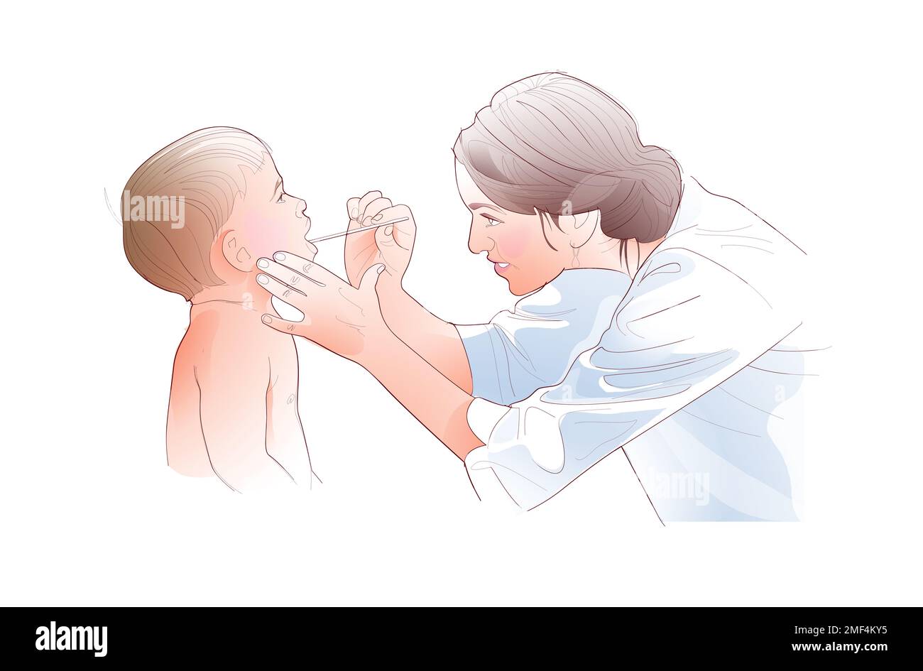Digital illustration of a doctor or nurse and a sick child. He looks at her throat with a stick in the doctor's office. Stock Photo