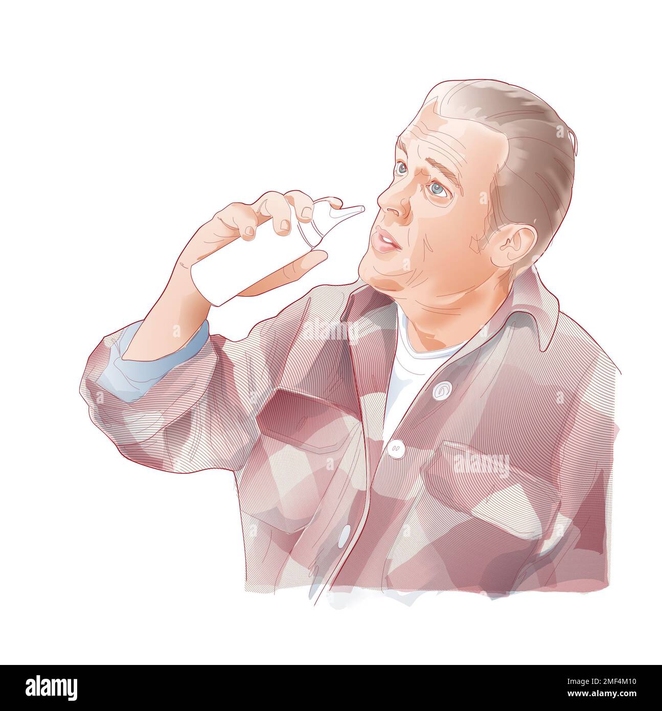 Digital illustration of a man with an inhaler. Aspirate the contents of the medication. Stock Photo
