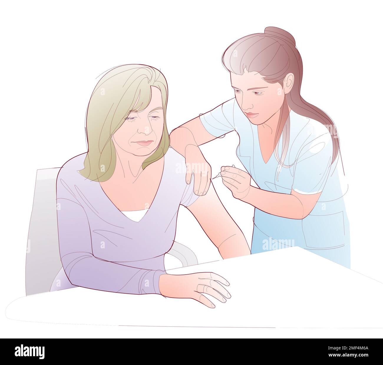 Digital illustration of a nurse vaccinating a woman. He puts it on his arm in the doctor's office. Stock Photo
