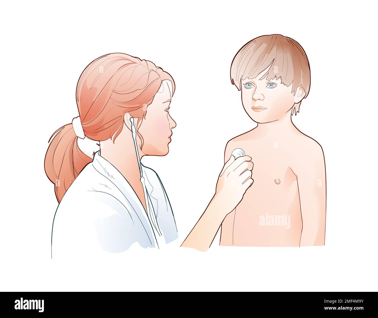 Digital illustration of a doctor or nurse and a sick child. He listened to him with a stethoscope in the doctor's office. Stock Photo