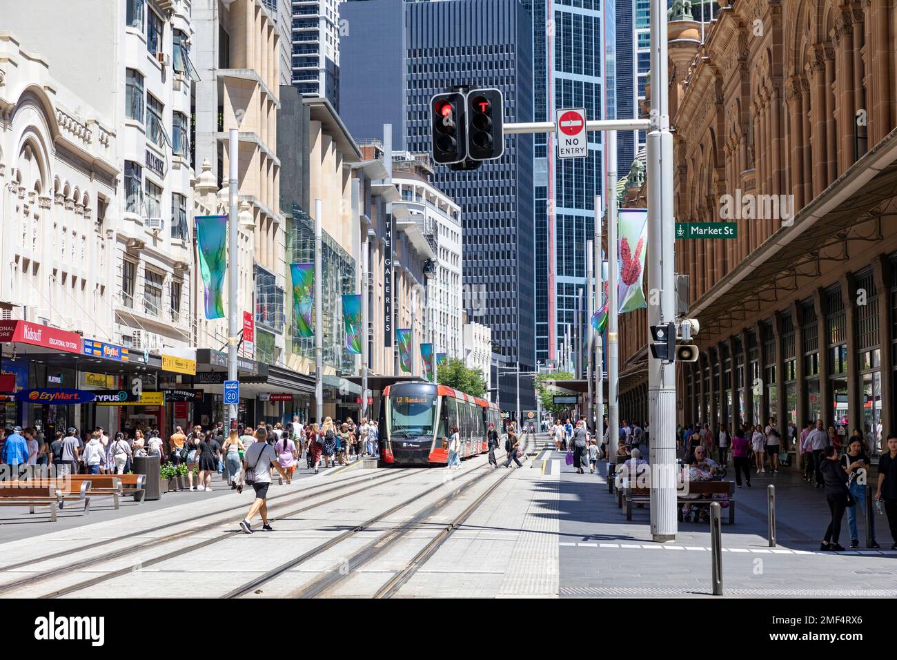 Sydney city centre and central business district, light rail train on George street, urban scene,NSW,Australia Stock Photo