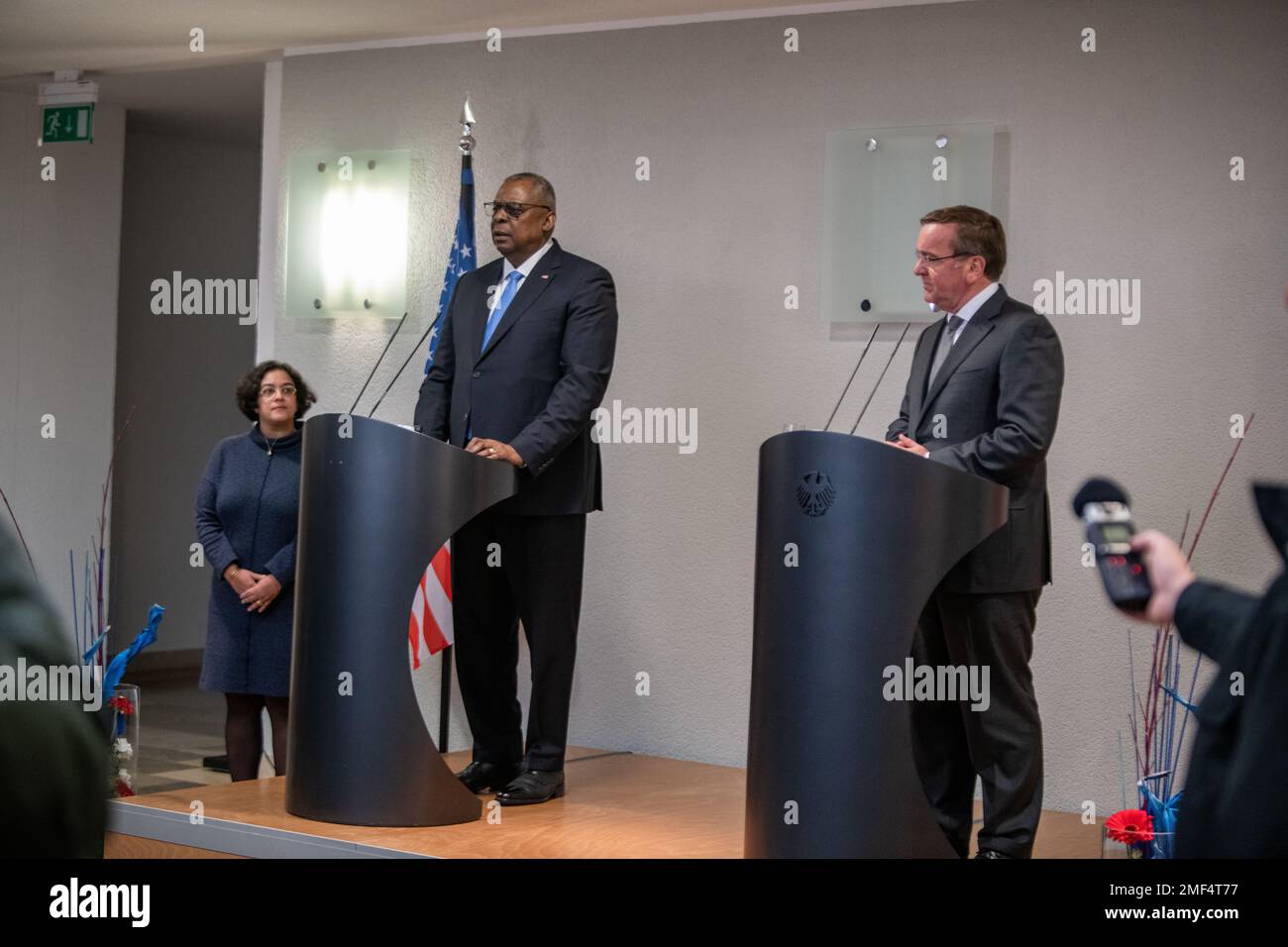 Ramstein-Miesenbach, Germany. 19 January, 2023. U.S. Secretary of Defense Lloyd Austin, left, responds to a question during a press conference with German Defense Minister Boris Pistorius, following bilateral meetings at the Ministry of Defense, January 19, 2023 in Berlin, Germany. Stock Photo