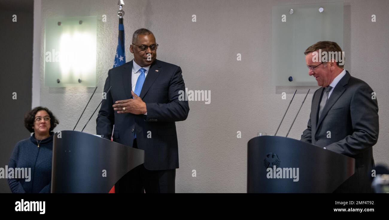Ramstein-Miesenbach, Germany. 19 January, 2023. U.S. Secretary of Defense Lloyd Austin, left, responds to a question during a press conference with German Defense Minister Boris Pistorius, following bilateral meetings at the Ministry of Defense, January 19, 2023 in Berlin, Germany. Stock Photo