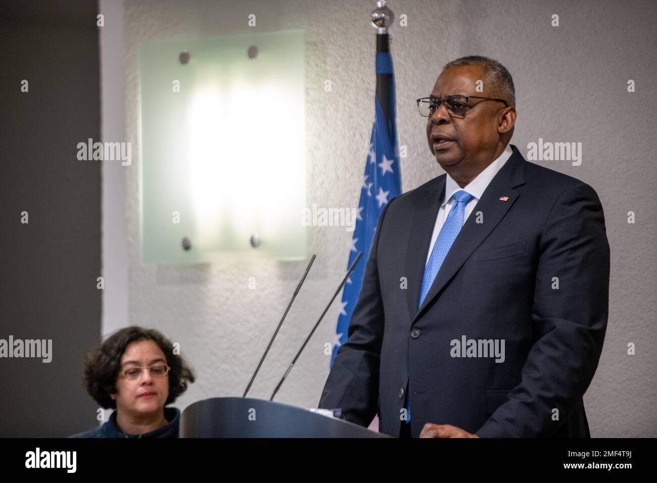 Ramstein-Miesenbach, Germany. 19 January, 2023. U.S. Secretary of Defense Lloyd Austin, responds to a question during a joint press conference with German Defense Minister Boris Pistorius, following bilateral meetings at the Ministry of Defense, January 19, 2023 in Berlin, Germany. Stock Photo