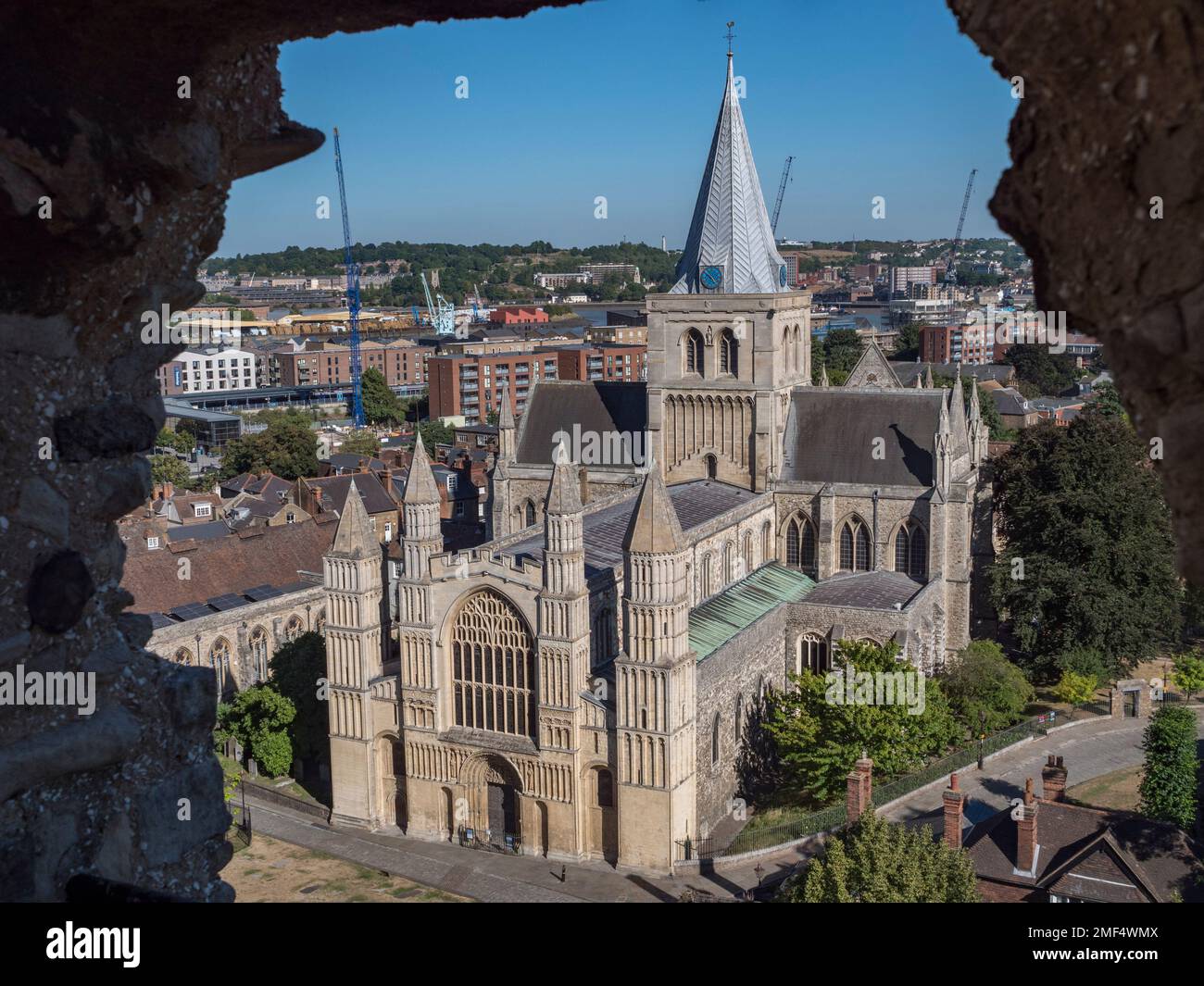 Framed view of Rochester Cathedral from the keep of Rochester Castle, Rochester, Kent, UK. Stock Photo