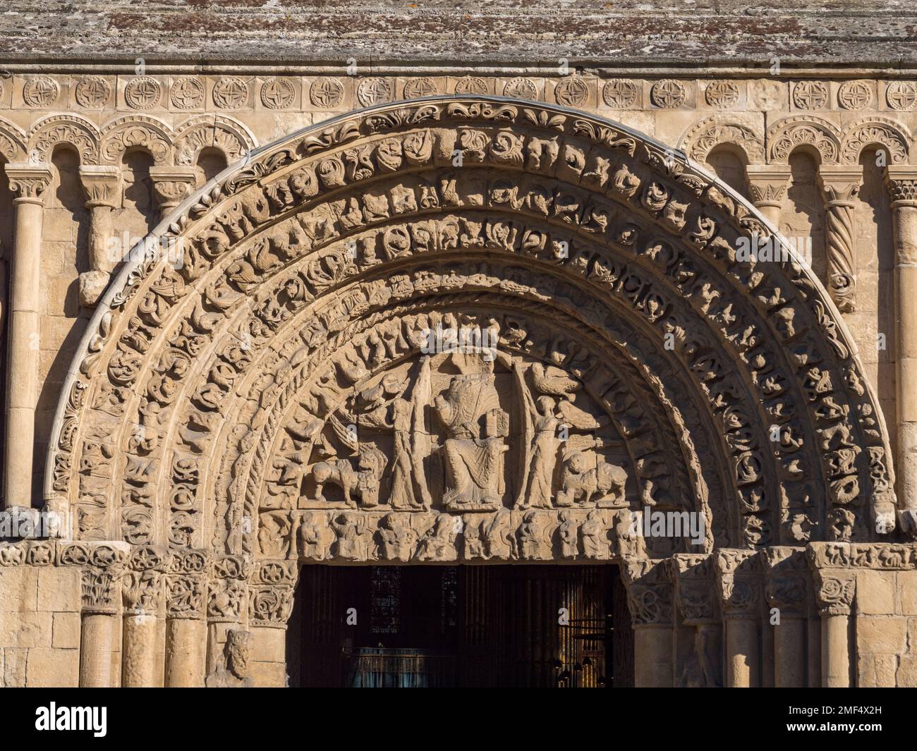 Detail above the main entrance door (Great West Door Portal) to Rochester Cathedral, Rochester, Kent, UK. Stock Photo
