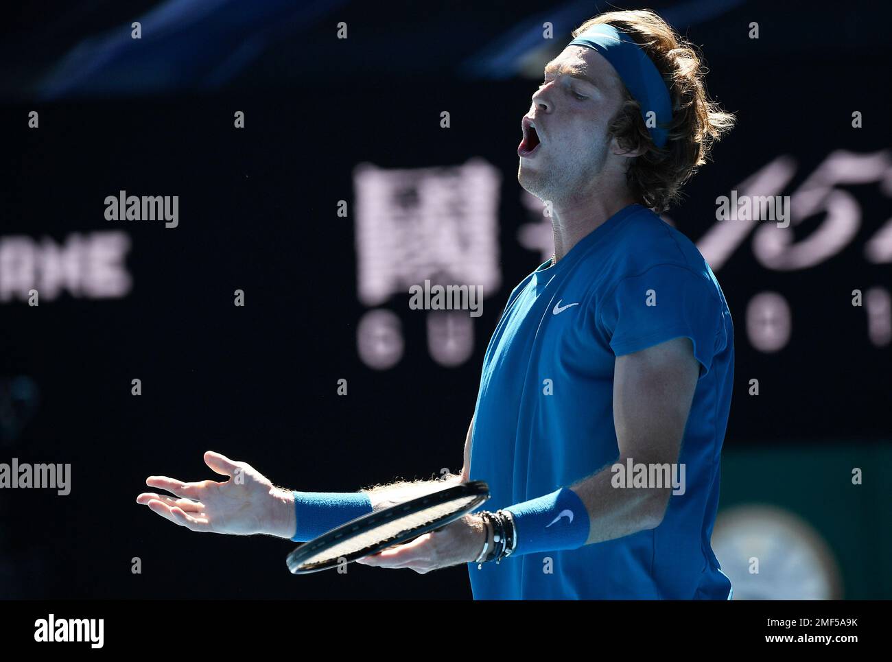 Russias Andrey Rublev reacts during his quarterfinal against compatriot Daniil Medvedev at the Australian Open tennis championship in Melbourne, Australia, Wednesday, Feb
