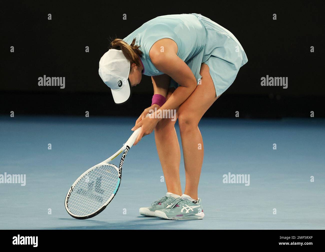 Polands Iga Swiatek reacts during her fourth round match against Romanias Simona Halep at the Australian Open tennis championship in Melbourne, Australia, Sunday, Feb