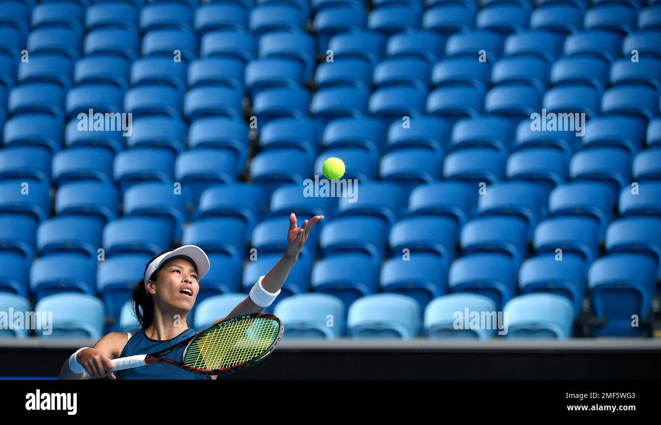 Taiwans Hsieh Su-Wei serves to Canadas Bianca Andreescu during their second round match at the Australian Open tennis championship in Melbourne, Australia, Wednesday, Feb