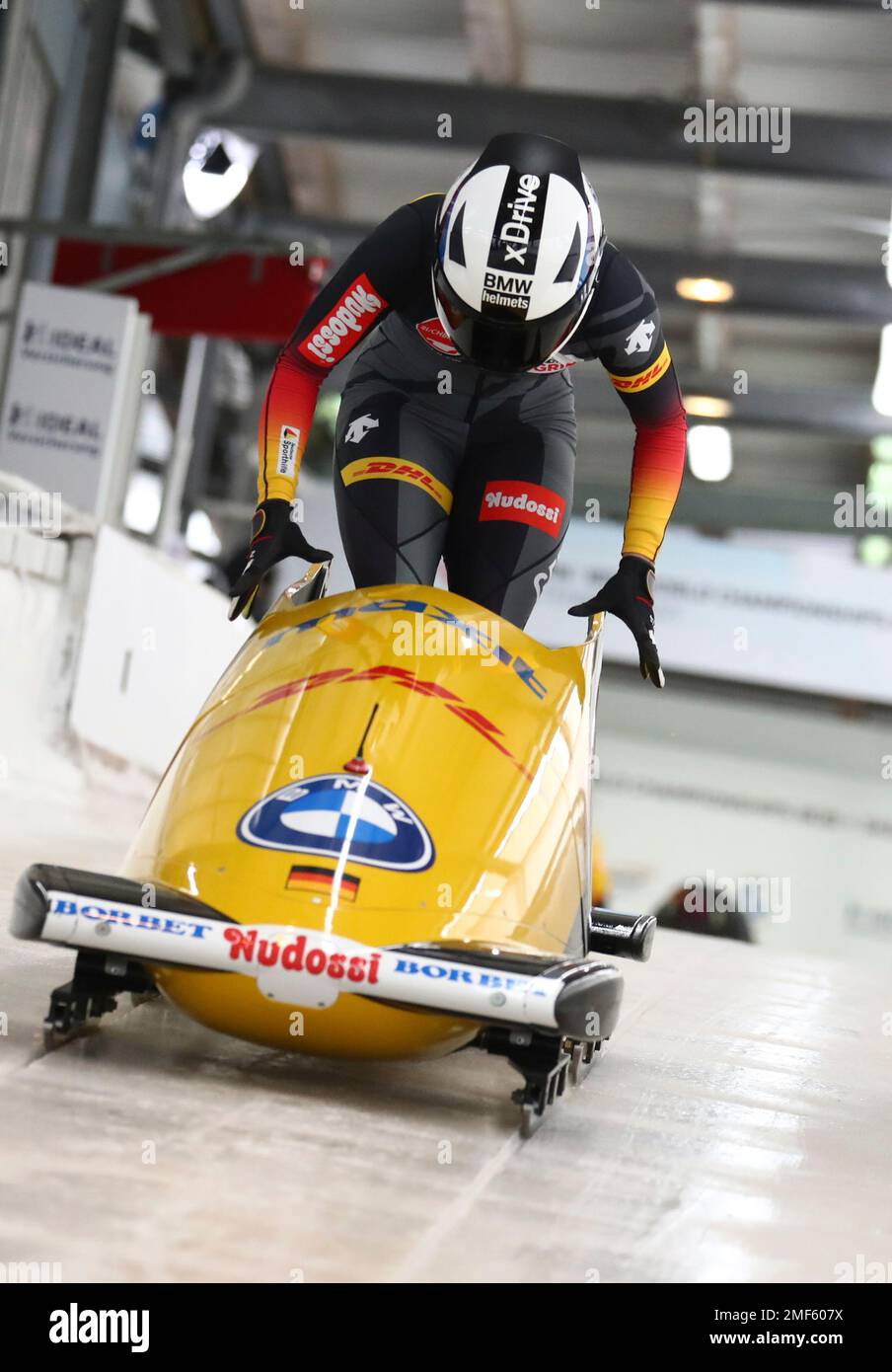 Germanys bobsleigh pilot Mariama Jamanka at the start of the womens monobob race at the Bobsleigh and Skeleton World Championships in Altenberg, Germany, Saturday, Feb.13, 2021