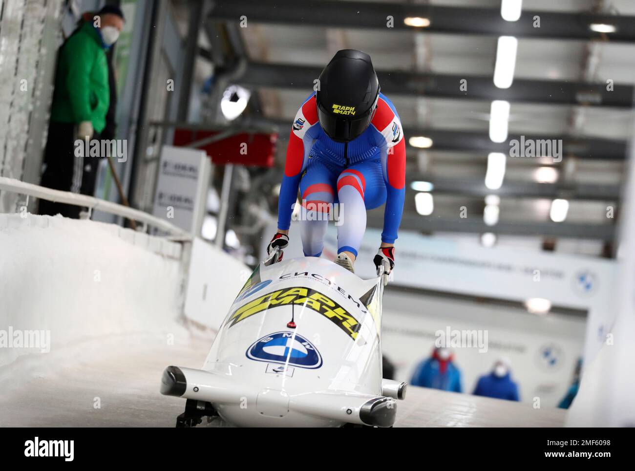 Russias bobsleigh pilot Nadezhda Sergeeva at the start of the womens monobob race at the Bobsleigh and Skeleton World Championships in Altenberg, Germany, Saturday, Feb.13, 2021