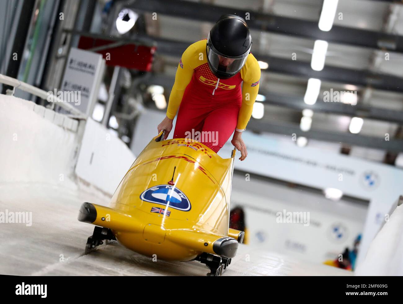 Great Britains bobsleigh pilot Mica McNeill at the start of the womens monobob race at the Bobsleigh and Skeleton World Championships in Altenberg, Germany, Saturday, Feb.13, 2021