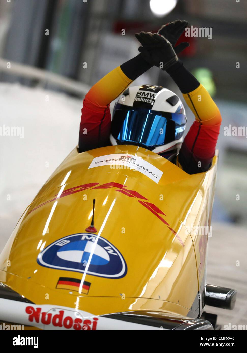 Germanys bobsleigh pilot Stephanie Schneider at the start of the womens monobob race at the Bobsleigh and Skeleton World Championships in Altenberg, Germany, Saturday, Feb.13, 2021