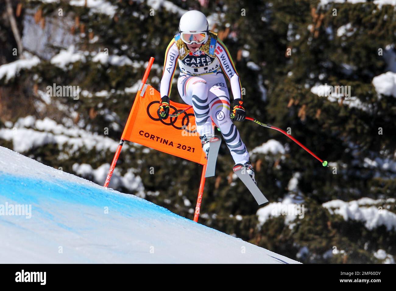 Germanys Kira Weidle speeds down the course during the womens downhill, at the alpine ski World Championships in Cortina dAmpezzo, Italy, Saturday, Feb.13, 2021