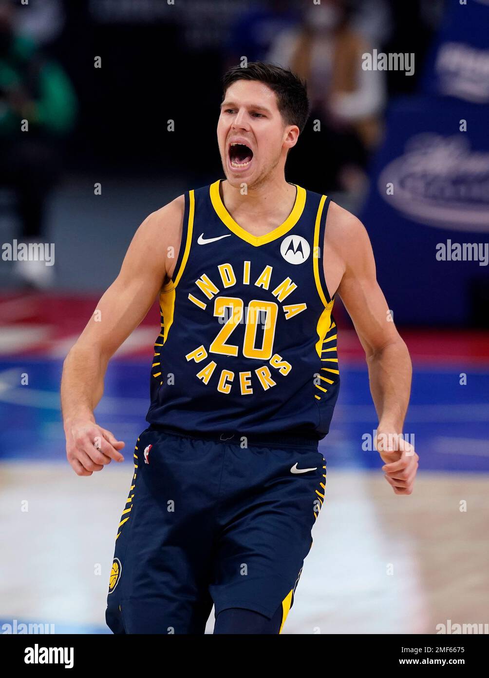 Indiana Pacers forward Doug McDermott reacts after a turnover during the  first half of an NBA basketball game against the Detroit Pistons, Thursday,  Feb. 11, 2021, in Detroit. (AP Photo/Carlos Osorio Stock