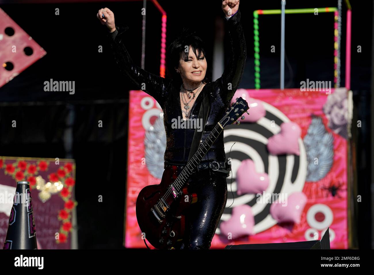 Joan Jett performs with Miley Cyrus at the TikTok Tailgate concert for