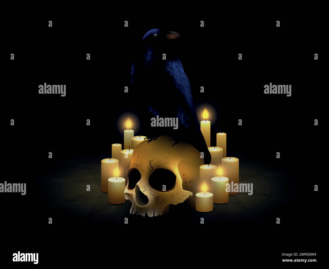 Raven sitting on a human skull surrounded by candles on a black background. Stock Vector
