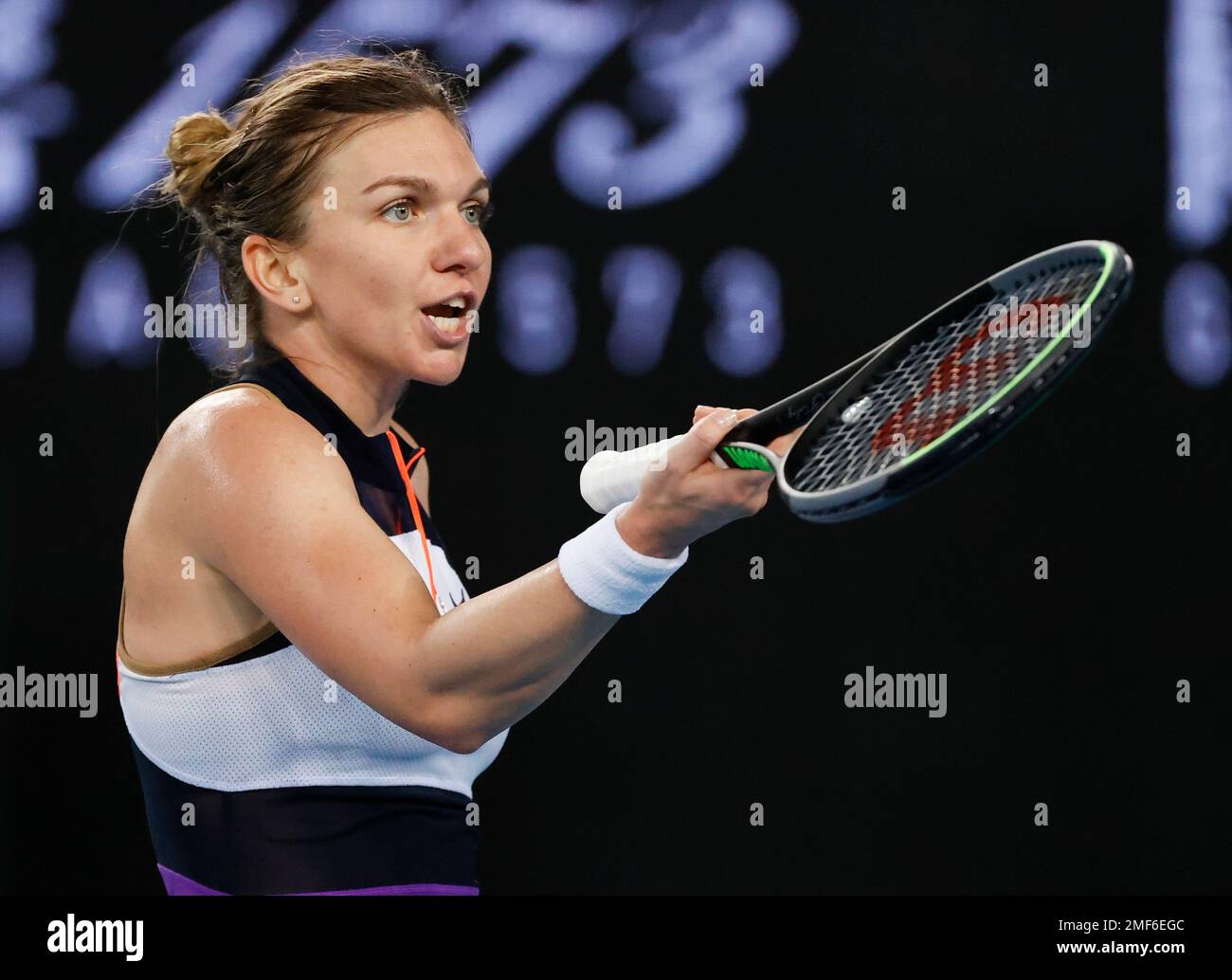 Romania's Simona Halep reacts during her second round match against  Australia's Ajla Tomljanovic at the Australian Open tennis championship in  Melbourne, Australia, Wednesday, Feb. 10, 2021.(AP Photo/Rick Rycroft Stock  Photo - Alamy