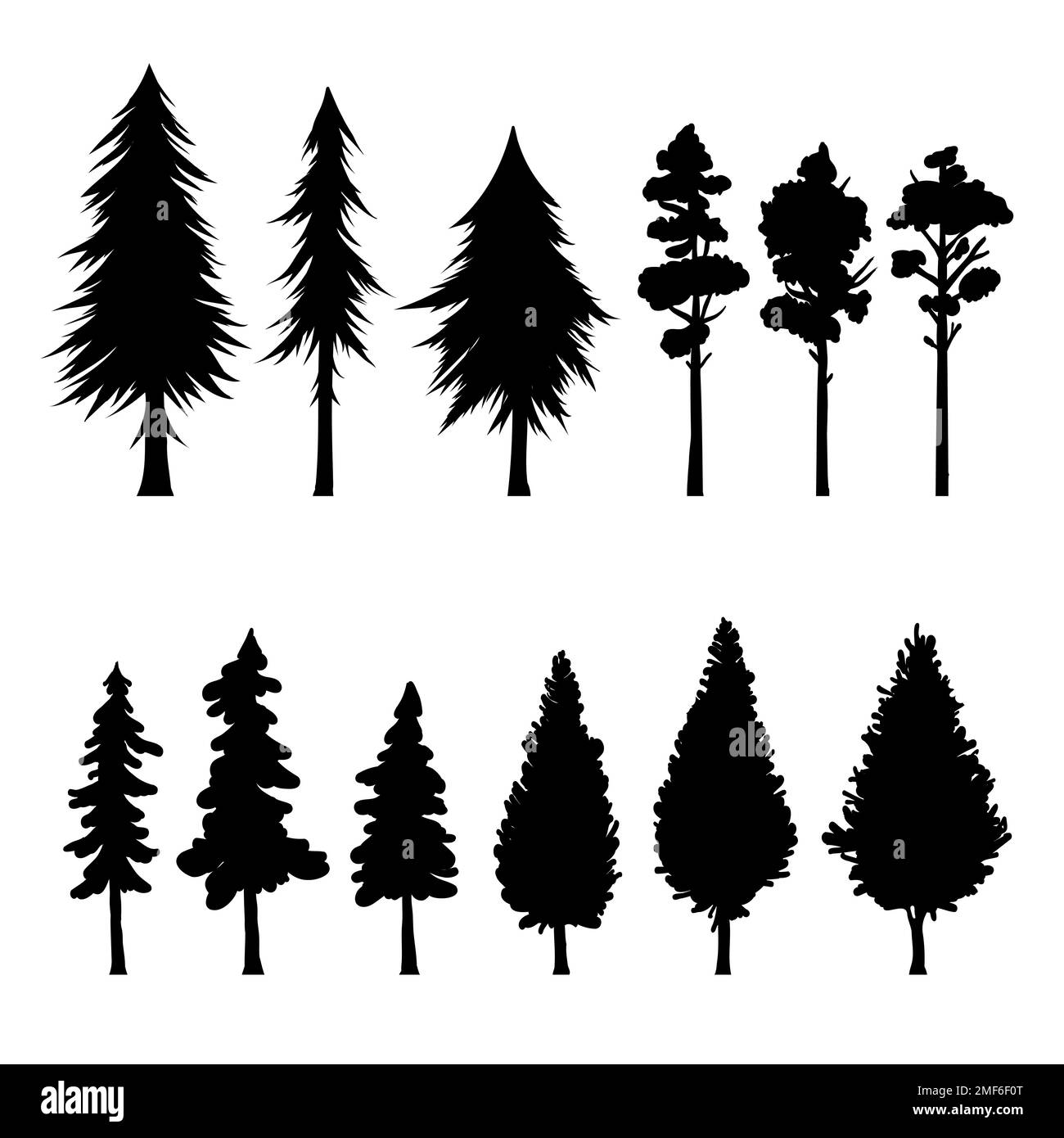 Trees black and white silhouette collection. Fir and pine templates