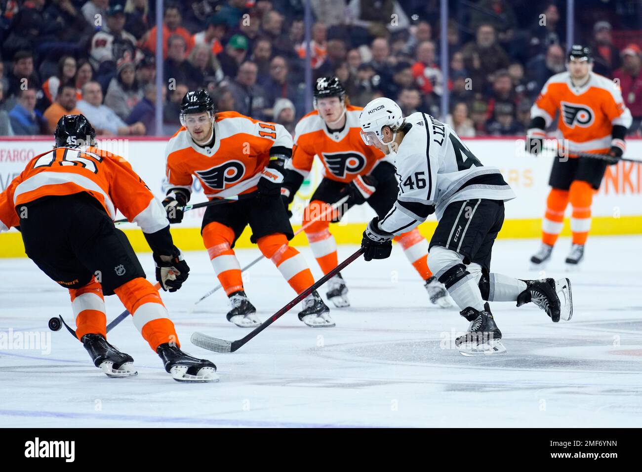 Blake Lizotte of the Los Angeles Kings skates the puck against