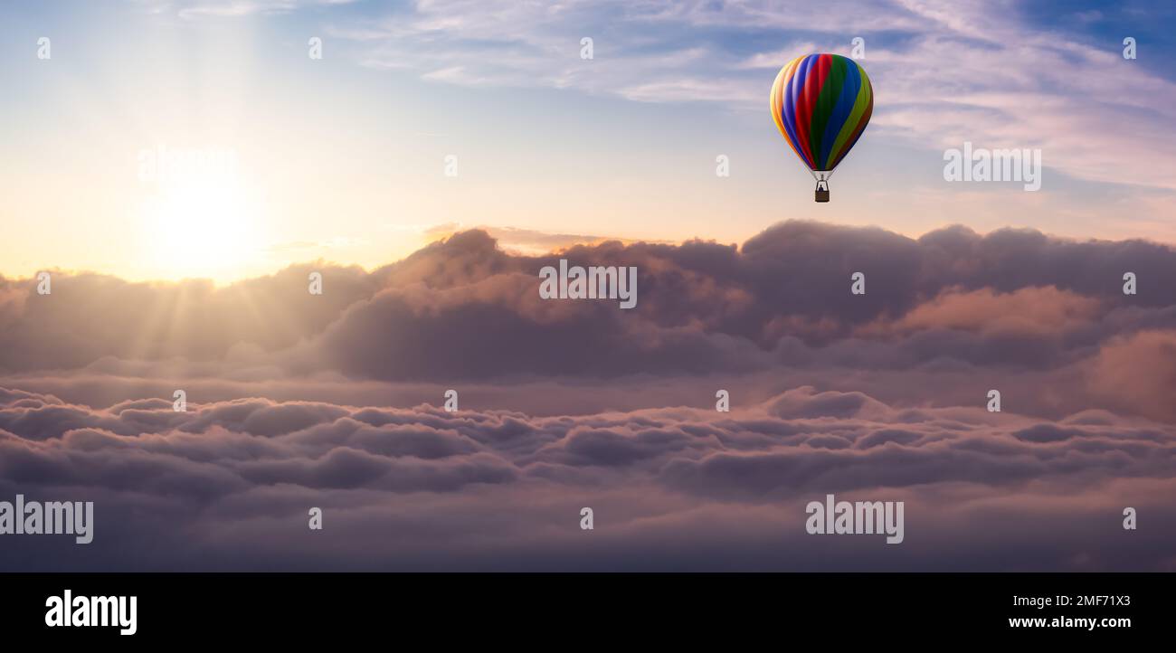 Hot Air Balloon Flying over Puffy Clouds. Dramatic Sunrise Sky Stock ...