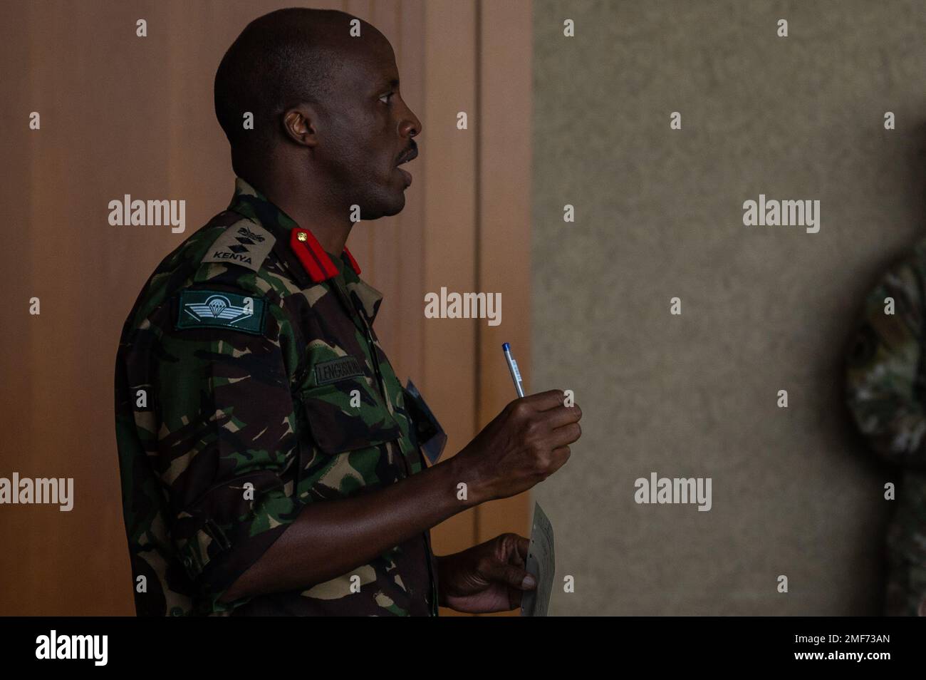 A representative from Kenya speaks on how females have been better incorporated into the Kenyan military at a Women in Leadership Lunch-In during Silent Warrior 2022 hold a conference in Garmisch-Partenkirchen, Germany, August 17, 2022. Silent Warrior 2022 is a Special Operations Command Africa (SOCAFRICA) directed forum with 37 nations gathered to focus on improving the security, resiliency and prosperity of Africa. Stock Photo