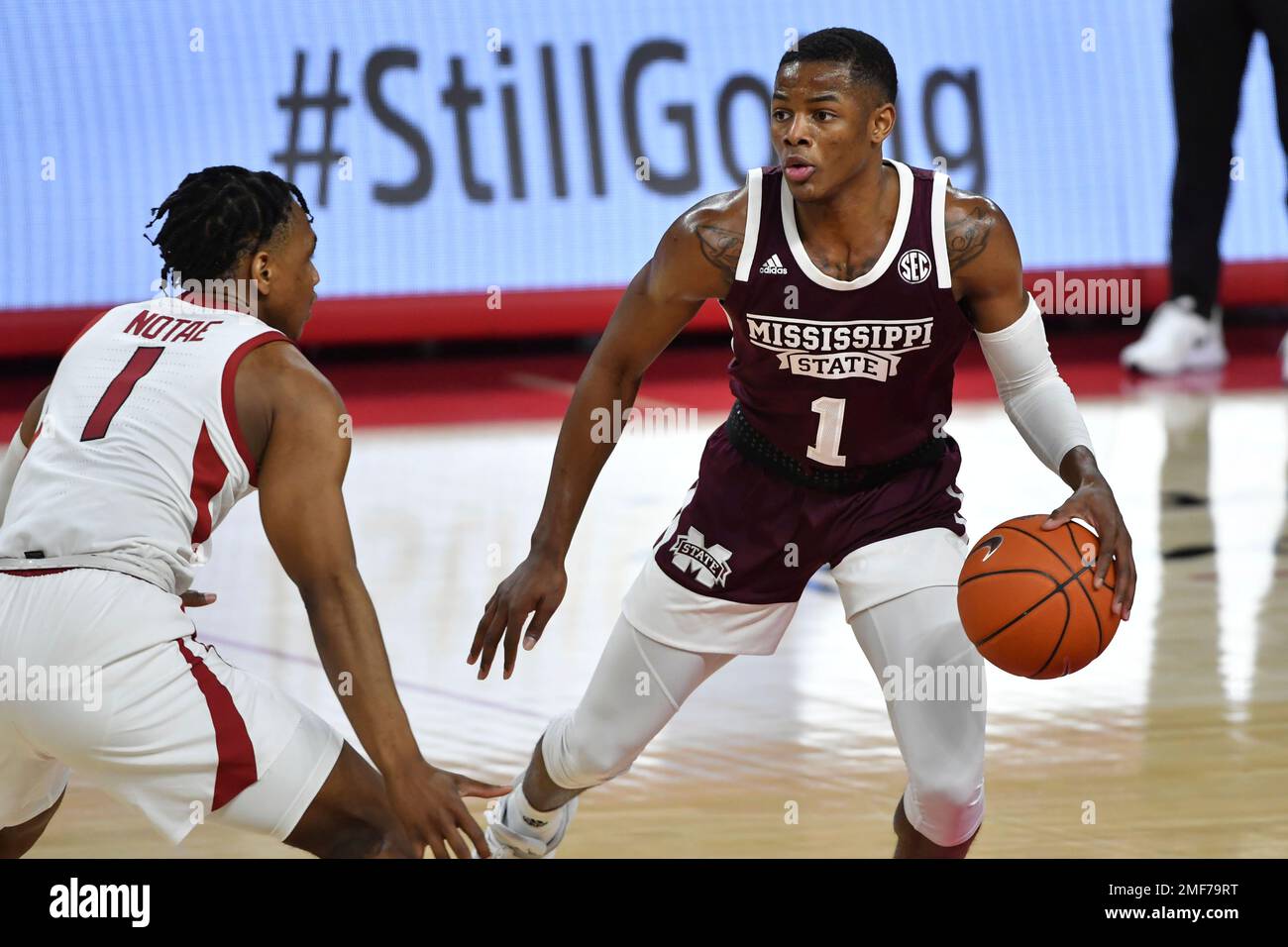 Mississippi State's Iverson Molinar (1) against Arkansas during the second half of an NCAA