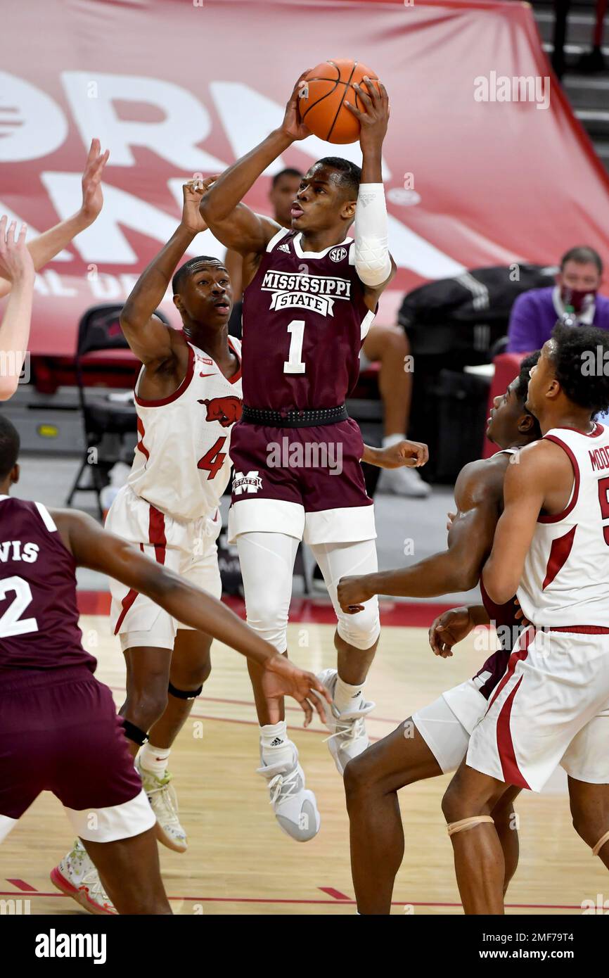 Mississippi State's Iverson Molinar (1) against Arkansas during the second half of an NCAA