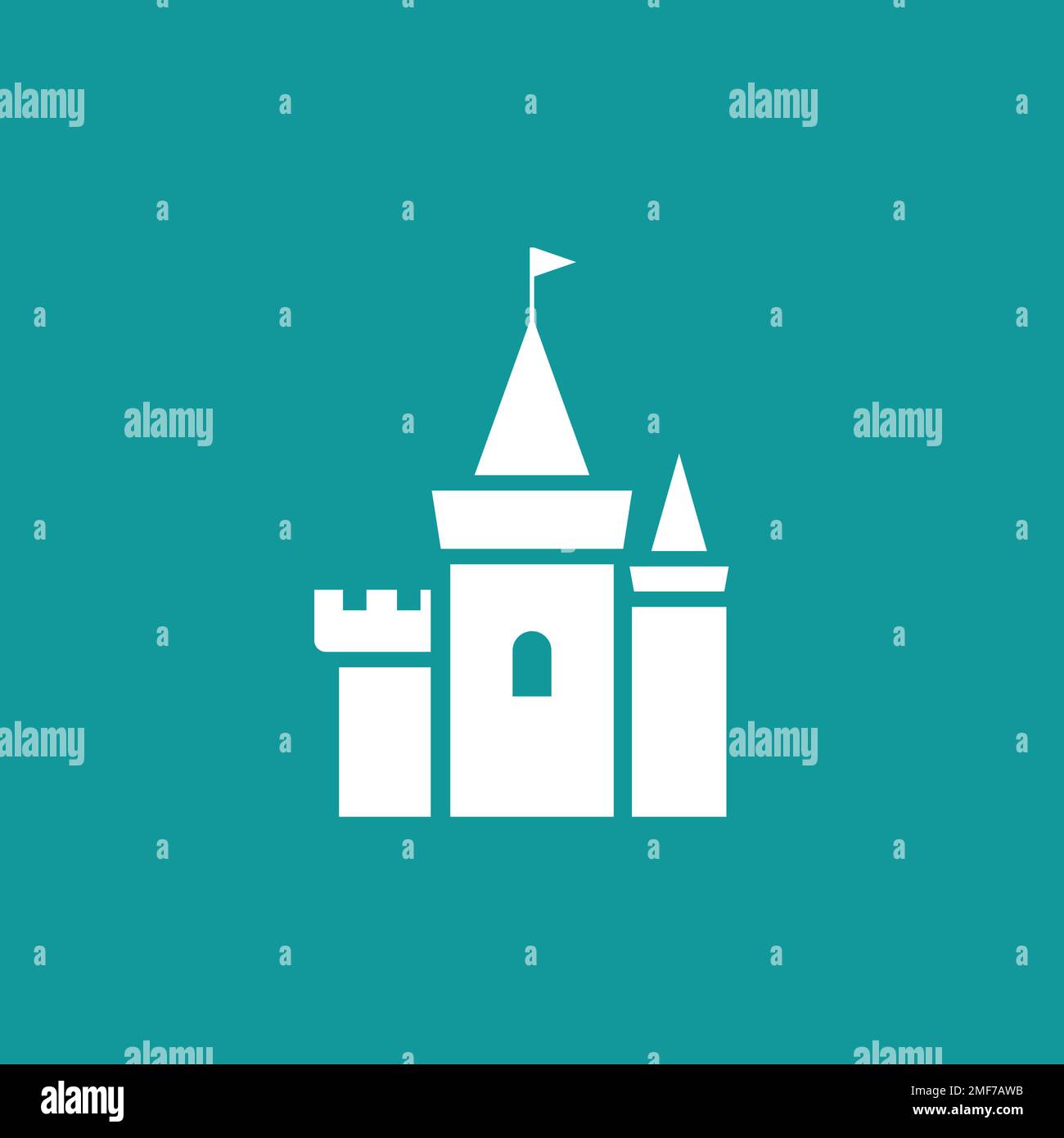 White castle with flag icon. Tower, fortress. Fairy tale, magic
