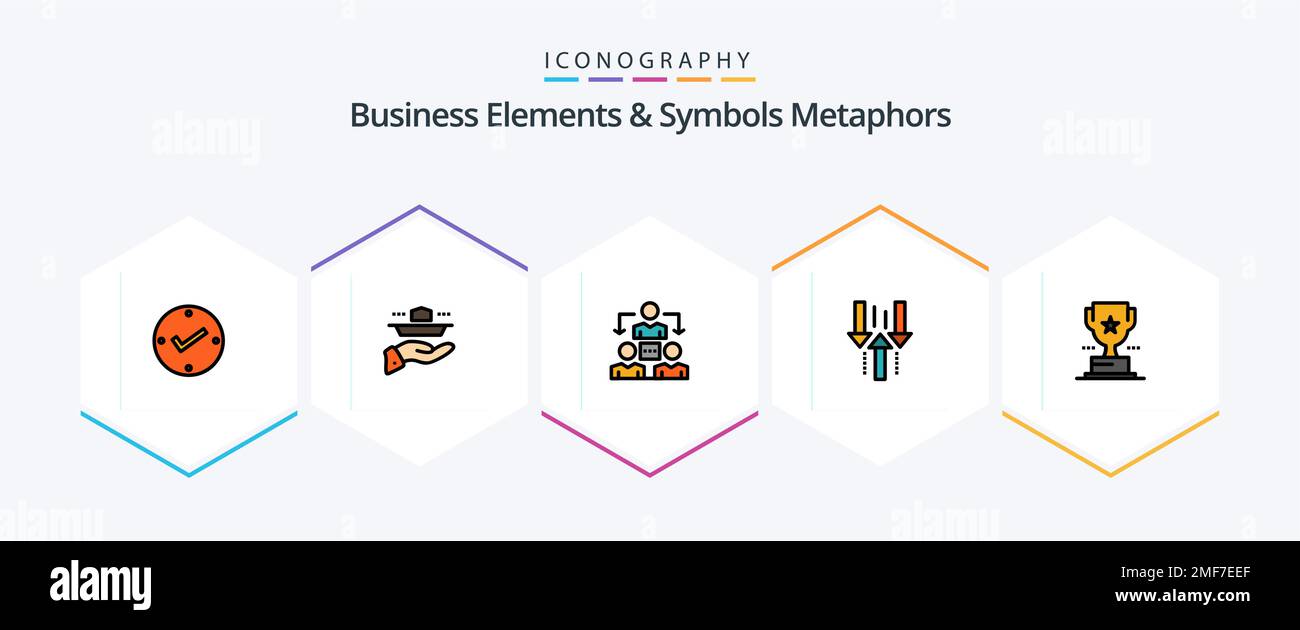 Business Elements And Symbols Metaphors 25 FilledLine icon pack including download. up. dinner. down. communication Stock Vector