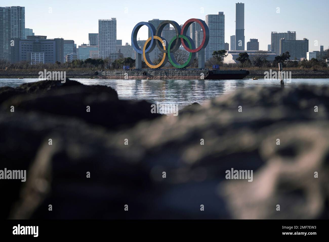 The Olympic rings floating in the water in the Odaiba section is seen ...