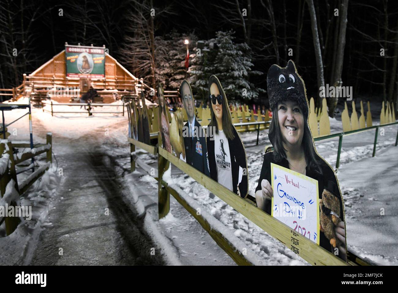 Cardboard cutouts of groundhog enthusiasts decorate Gobbler's Knob for