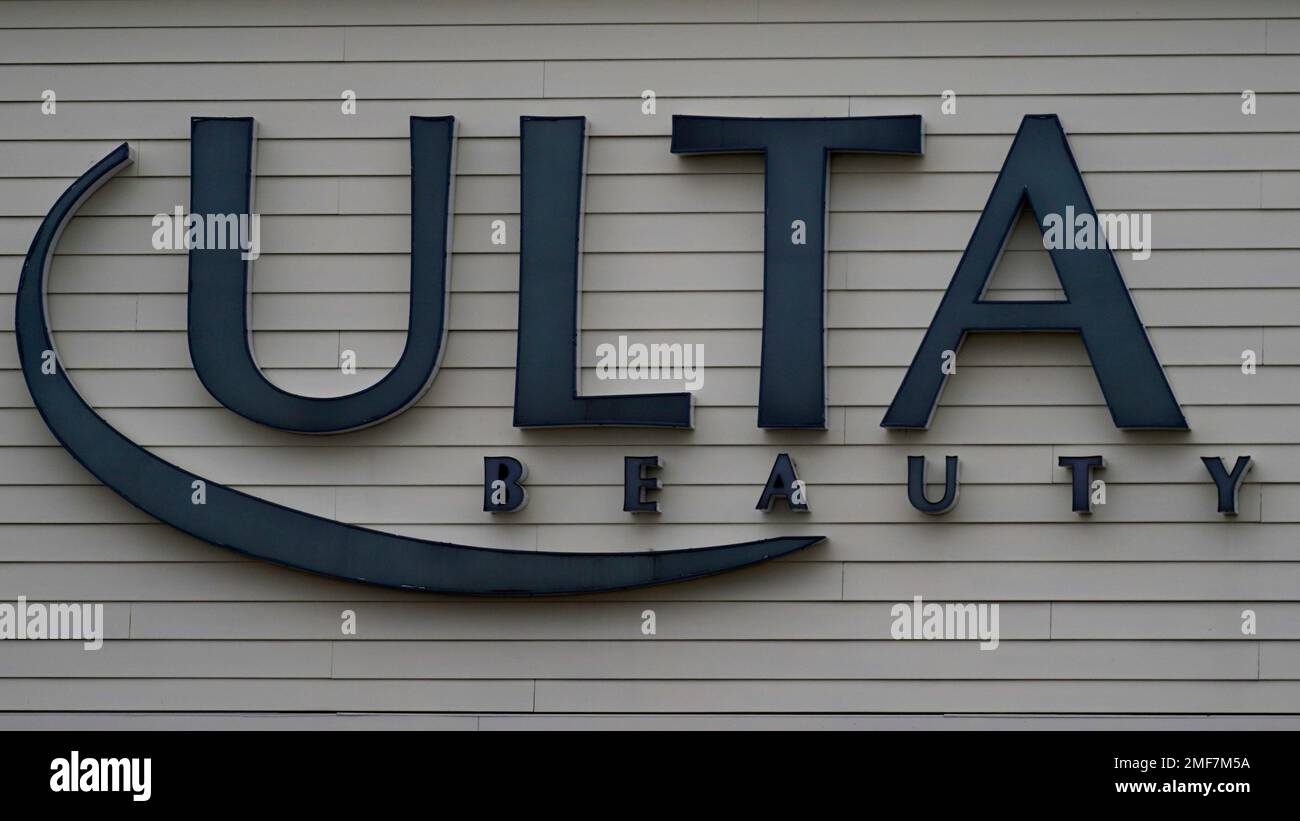 A sign for Ulta Beauty hangs on the facade of the store, Monday, Feb. 1