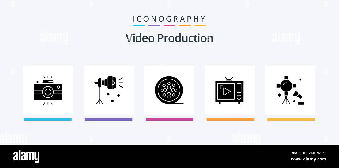 Video Production Glyph 5 Icon Pack Including tv. antenna tv. spotlight. vintage reel. movie reel. Creative Icons Design Stock Vector