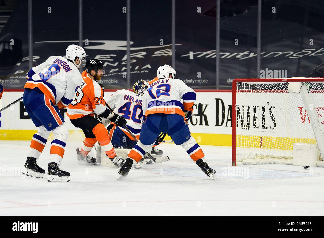 Philadelphia Flyers Scott Laughton Scores Past New York Islanders Goaltender Semyon Varlamov 