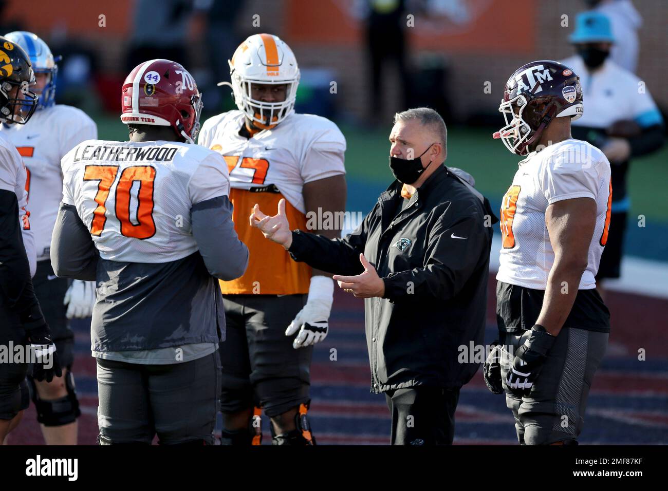 Carolina Panthers offensive line coach Pat Meyer talks to a group of  players during the American team practice for the college football Senior  Bowl, Thursday, Jan. 28, 2021, in Mobile, Ala. (AP