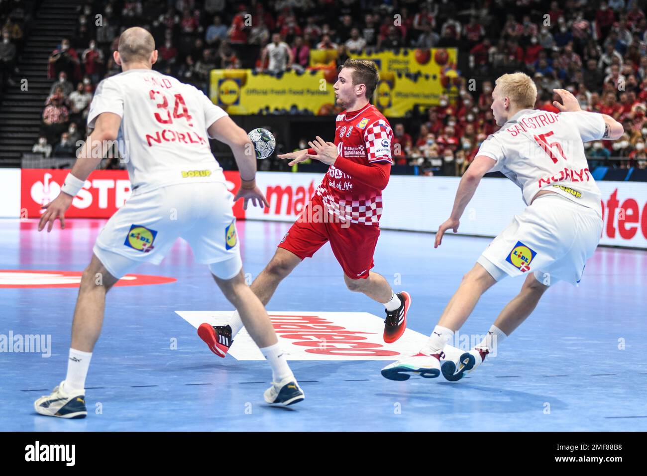 Tin Lucin (Croatia) against Denmark. EHF Euro 2022. Main Round Stock Photo Alamy